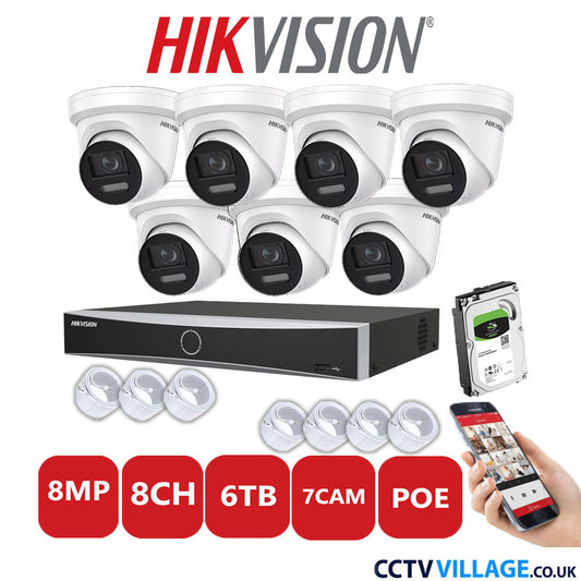 Hikvision 8MP IP CCTV System 8 Channel NVR-DS7608NXI-K1/8P with 7x Turret Cameras DS-2CD2387G2-LSU/SL White 6TB HDD Full Kit