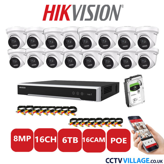 Hikvision 8MP IP CCTV System 16 Channel NVR-DS7616NI-I2/16P with 16x Turret DS-2CD2387G2-LSU/SL White 6TB HDD Full Kit