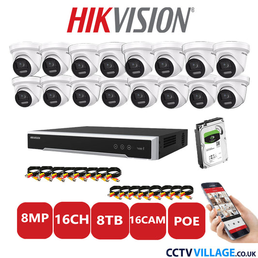 Hikvision 8MP IP CCTV System 16 Channel NVR-DS7616NI-I2/16P with 16x Turret DS-2CD2387G2-LSU/SL White 8TB HDD Full Kit