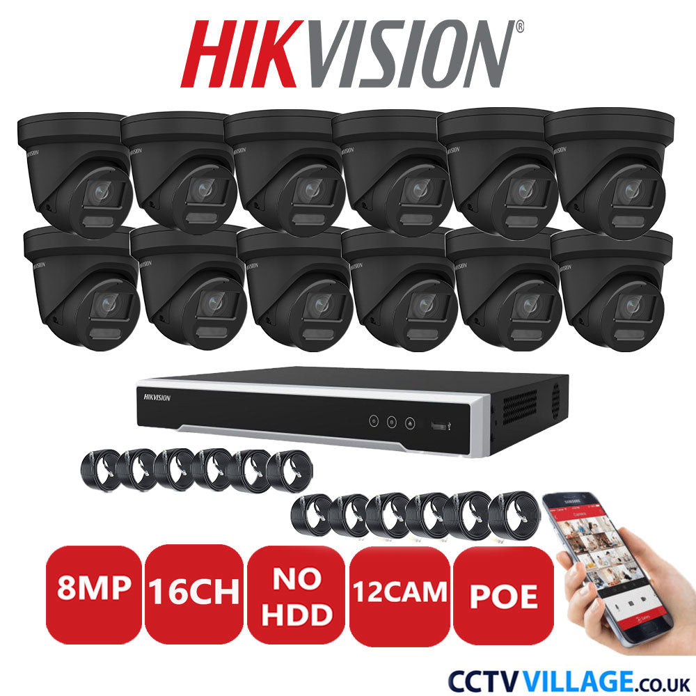 Hikvision 8MP IP CCTV System 16 Channel NVR-DS7616NI-I2/16P with 12x Turret DS-2CD2387G2-LU Black No HDD Full Kit