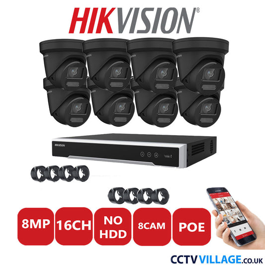 Hikvision 8MP IP CCTV System 16 Channel NVR-DS7616NI-I2/16P with 8x Turret DS-2CD2387G2-LU Black No HDD Full Kit