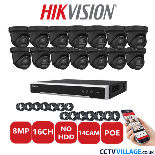 Hikvision 8MP IP CCTV System 16 Channel NVR-DS7616NI-I2/16P with 14x Turret DS-2CD2387G2-LU Black No HDD Full Kit