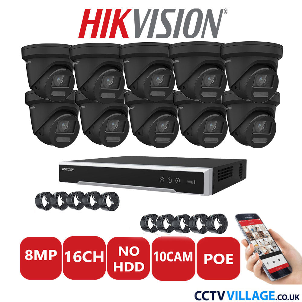 Hikvision 8MP IP CCTV System 16 Channel NVR-DS7616NI-I2/16P with 10x Turret DS-2CD2387G2-LU Black No HDD Full Kit