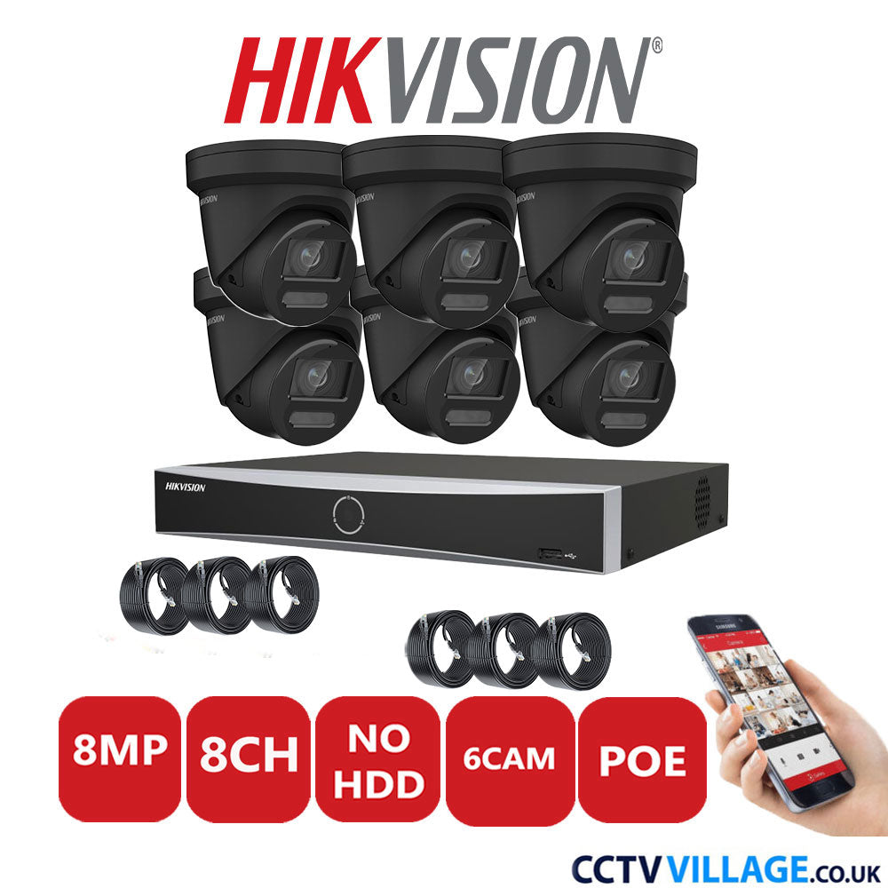 Hikvision 8MP IP CCTV System 8 Channel NVR-DS7608NXI-K1/8P with 6x Turret Cameras DS-2CD2387G2-LU Black No HDD Full Kit