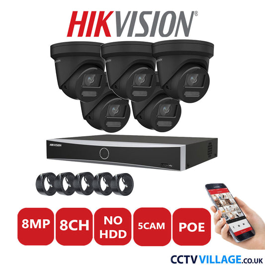 Hikvision 8MP IP CCTV System 8 Channel NVR-DS7608NXI-K1/8P with 5x Turret Cameras DS-2CD2387G2-LU Black No HDD Full Kit