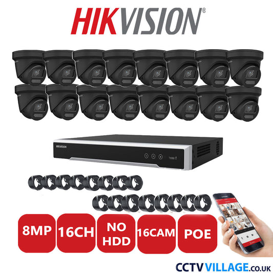 Hikvision 8MP IP CCTV System 16 Channel NVR-DS7616NI-I2/16P with 16x Turret DS-2CD2387G2-LU Black No HDD Full Kit