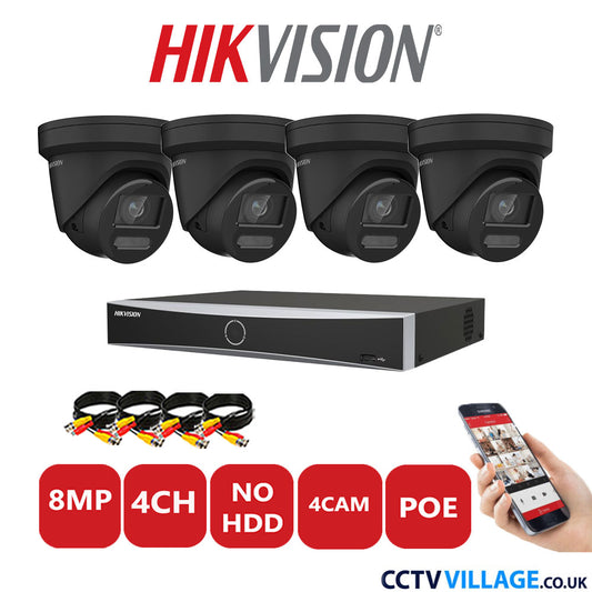 Hikvision 8MP IP CCTV Kit 4 Channel NVR-DS7604NXI-K1/4P with 4x Turret Cameras DS-2CD2387G2-LU Black No HDD Full Kit