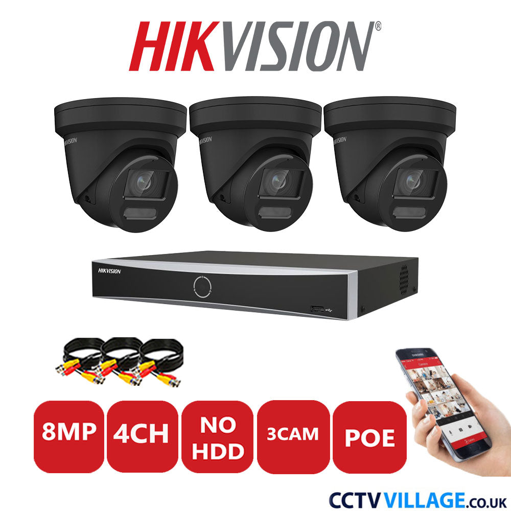 Hikvision 8MP IP CCTV Kit 4 Channel NVR-DS7604NXI-K1/4P with 3x Turret Cameras DS-2CD2387G2-LU Black No HDD Full Kit