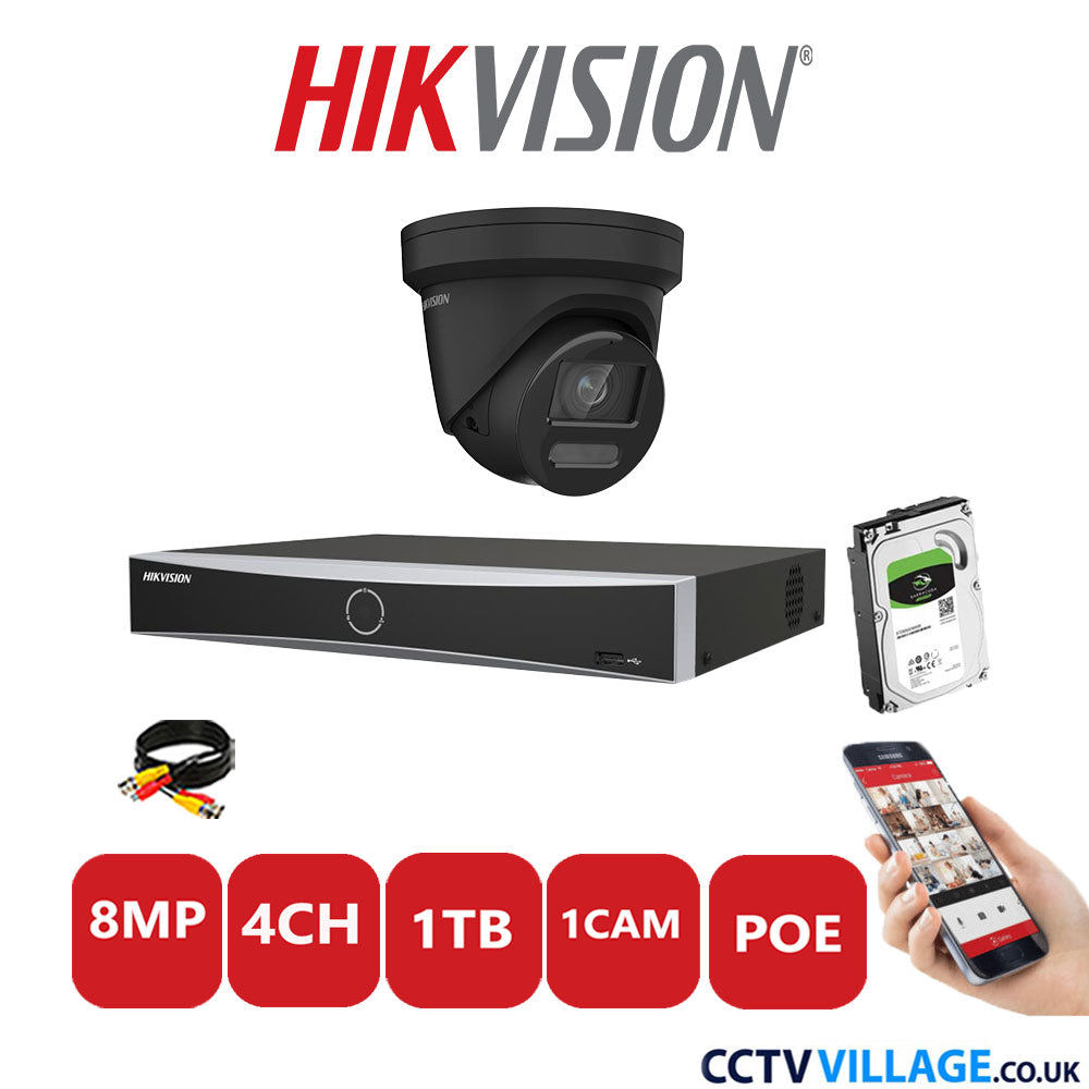 Hikvision 8MP IP CCTV Kit 4 Channel NVR-DS7604NXI-K1/4P with 1x Turret Camera DS-2CD2387G2-LU Black 1TB HDD Full Kit