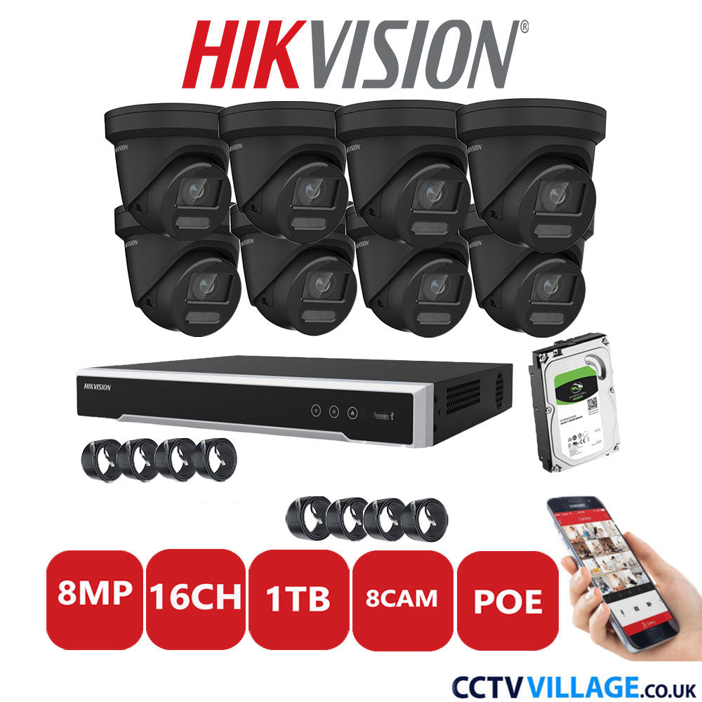 Hikvision 8MP IP CCTV System 16 Channel NVR-DS7616NI-I2/16P with 8x Turret DS-2CD2387G2-LU Black 1TB HDD Full Kit