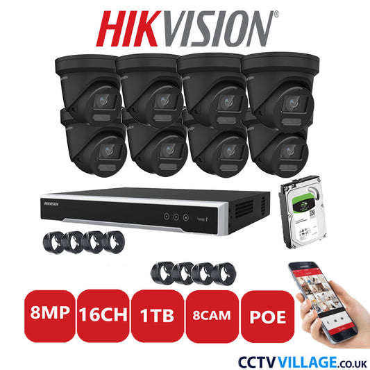 Hikvision 8MP IP CCTV System 16 Channel NVR-DS7616NI-I2/16P with 8x Turret DS-2CD2387G2-LU Black 1TB HDD Full Kit