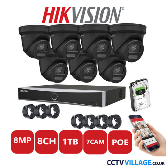 Hikvision 8MP IP CCTV System 8 Channel NVR-DS7608NXI-K1/8P with 7x Turret Cameras DS-2CD2387G2-LU Black 1TB HDD Full Kit