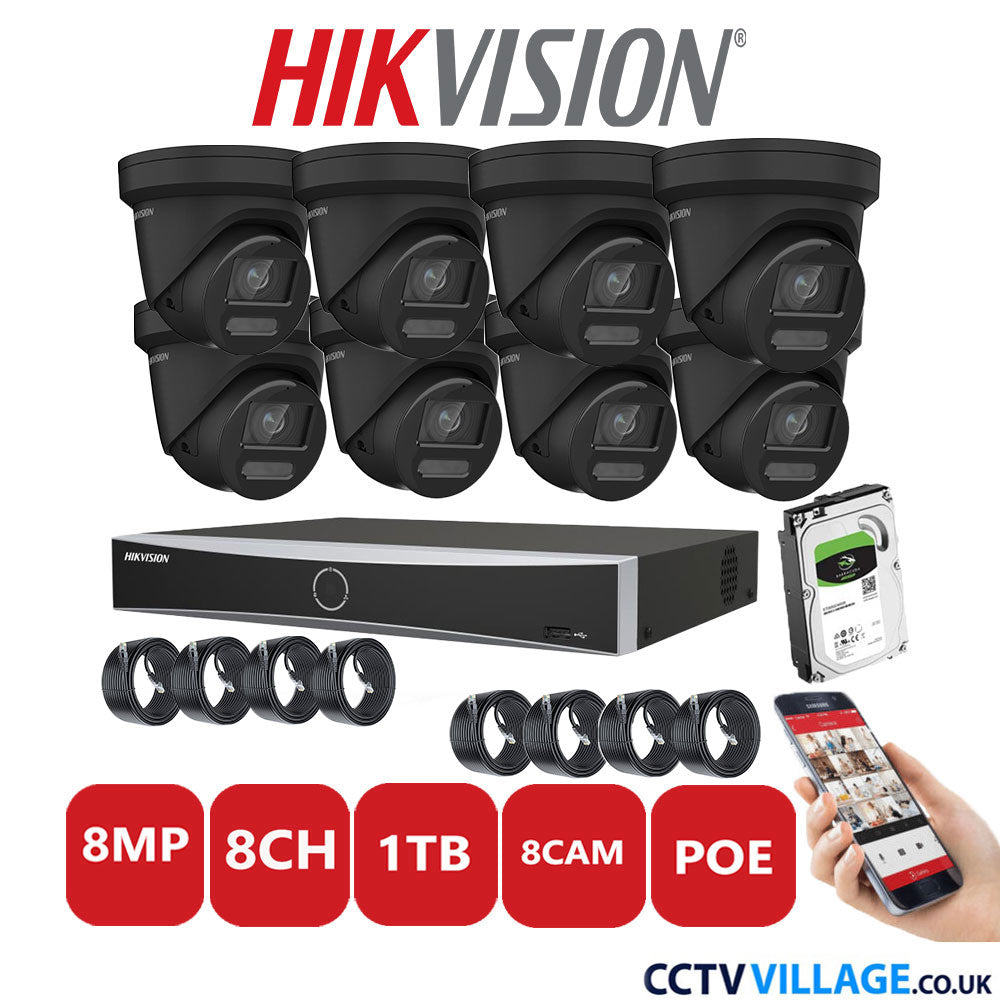 Hikvision 8MP IP CCTV System 8 Channel NVR-DS7608NXI-K1/8P with 8x Turret Cameras DS-2CD2387G2-LU Black 1TB HDD Full Kit