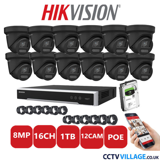 Hikvision 8MP IP CCTV System 16 Channel NVR-DS7616NI-I2/16P with 12x Turret DS-2CD2387G2-LU Black 1TB HDD Full Kit