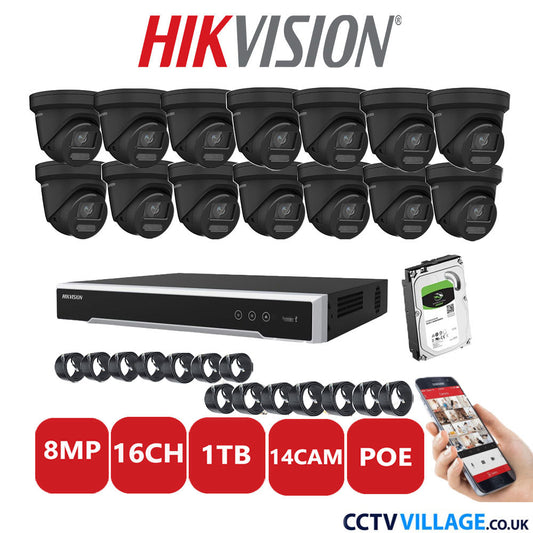 Hikvision 8MP IP CCTV System 16 Channel NVR-DS7616NI-I2/16P with 14x Turret DS-2CD2387G2-LU Black 1TB HDD Full Kit