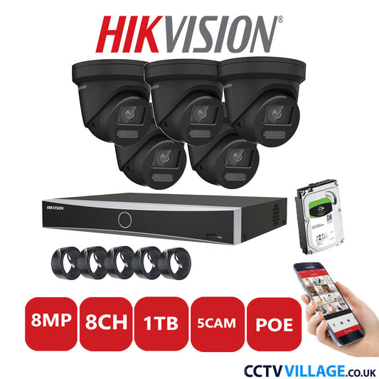 Hikvision 8MP IP CCTV System it 8 Channel NVR-DS7608NXI-K1/8P with 5x Turret Cameras DS-2CD2387G2-LU Black 1TB HDD Full Kit