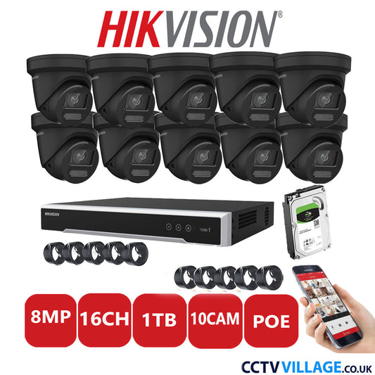 Hikvision 8MP IP CCTV System 16 Channel NVR-DS7616NI-I2/16P with 10x Turret DS-2CD2387G2-LU Black 1TB HDD Full Kit