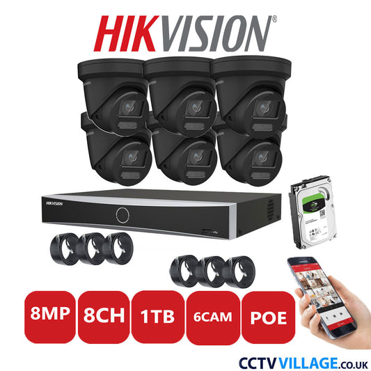 Hikvision 8MP IP CCTV System 8 Channel NVR-DS7608NXI-K1/8P with 6x Turret Cameras DS-2CD2387G2-LU Black 1TB HDD Full Kit