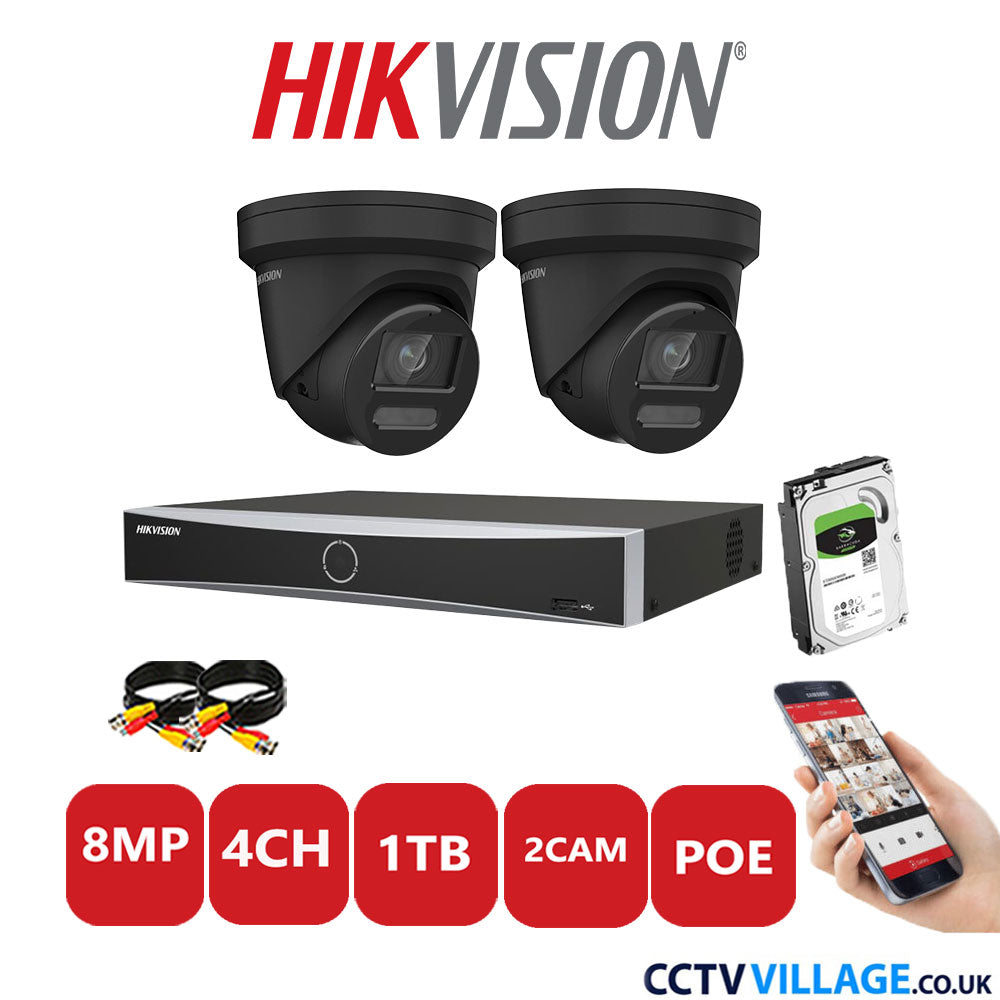 Hikvision 8MP IP CCTV Kit 4 Channel NVR-DS7604NXI-K1/4P with 2x Turret Cameras DS-2CD2387G2-LU Black 1TB HDD Full Kit