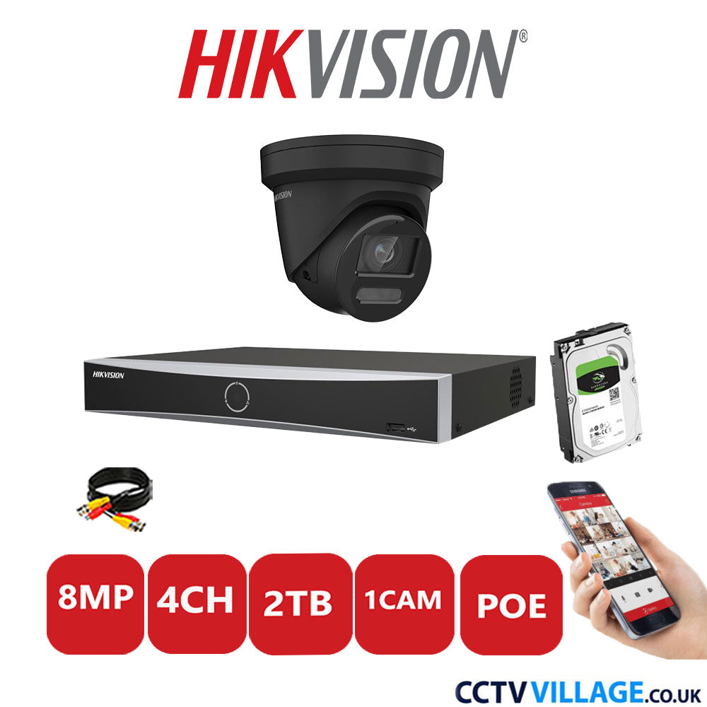 Hikvision 8MP IP CCTV Kit 4 Channel NVR-DS7604NXI-K1/4P with 1x Turret Camera DS-2CD2387G2-LU Black 2TB HDD Full Kit