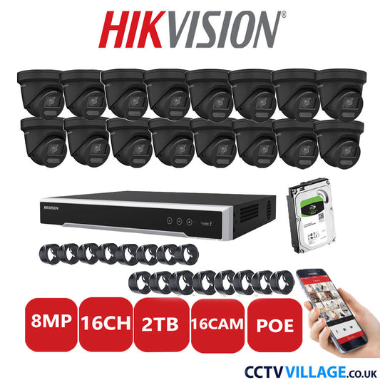 Hikvision 8MP IP CCTV System 16 Channel NVR-DS7616NI-I2/16P with 16x Turret DS-2CD2387G2-LU Black 2TB HDD Full Kit