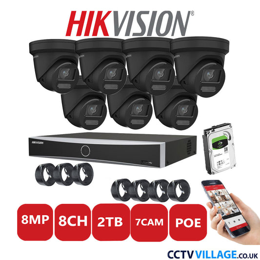 Hikvision 8MP IP CCTV System 8 Channel NVR-DS7608NXI-K1/8P with 7x Turret Cameras DS-2CD2387G2-LU Black 2TB HDD Full Kit