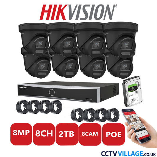 Hikvision 8MP IP CCTV System 8 Channel NVR-DS7608NXI-K1/8P with 8x Turret Cameras DS-2CD2387G2-LU Black 2TB HDD Full Kit