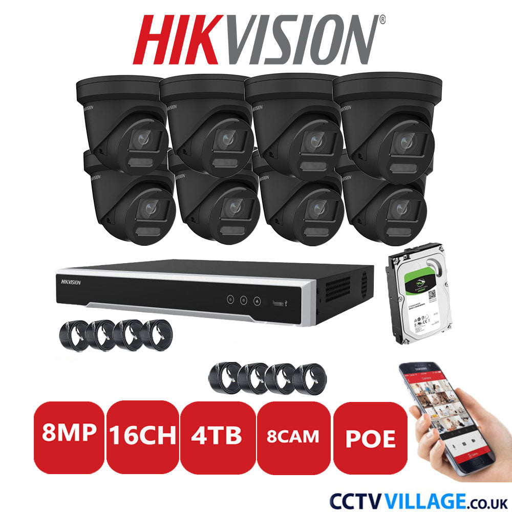 Hikvision 8MP IP CCTV System 16 Channel NVR-DS7616NI-I2/16P with 8x Turret DS-2CD2387G2-LU Black 4TB HDD Full Kit