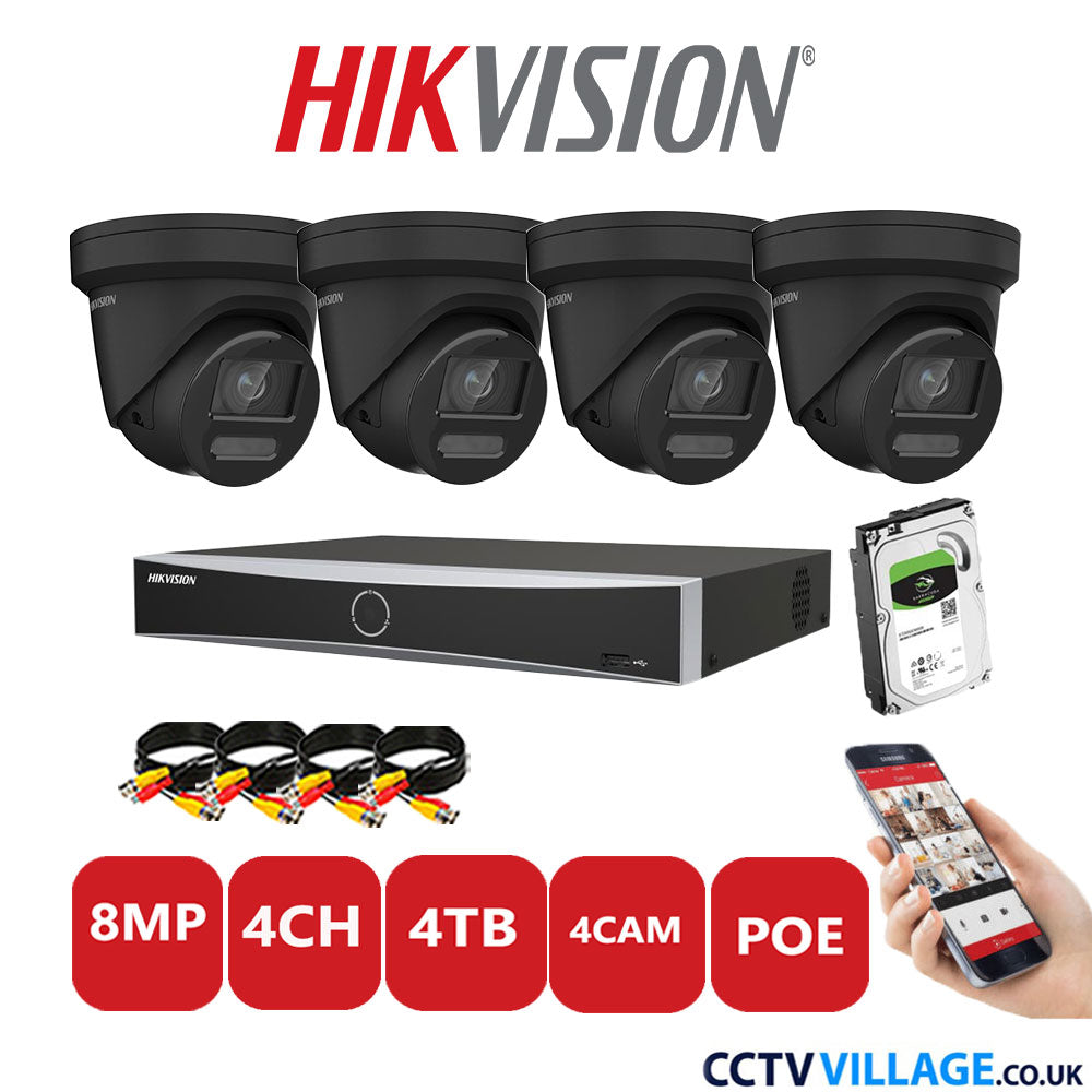 Hikvision 8MP IP CCTV Kit 4 Channel NVR-DS7604NXI-K1/4P with 4x Turret Cameras DS-2CD2387G2-LU Black 4TB HDD Full Kit