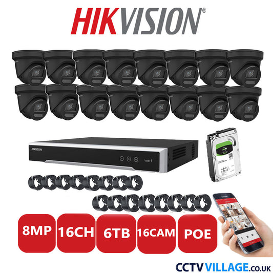 Hikvision 8MP IP CCTV System 16 Channel NVR-DS7616NI-I2/16P with 16x Turret DS-2CD2387G2-LU Black 6TB HDD Full Kit