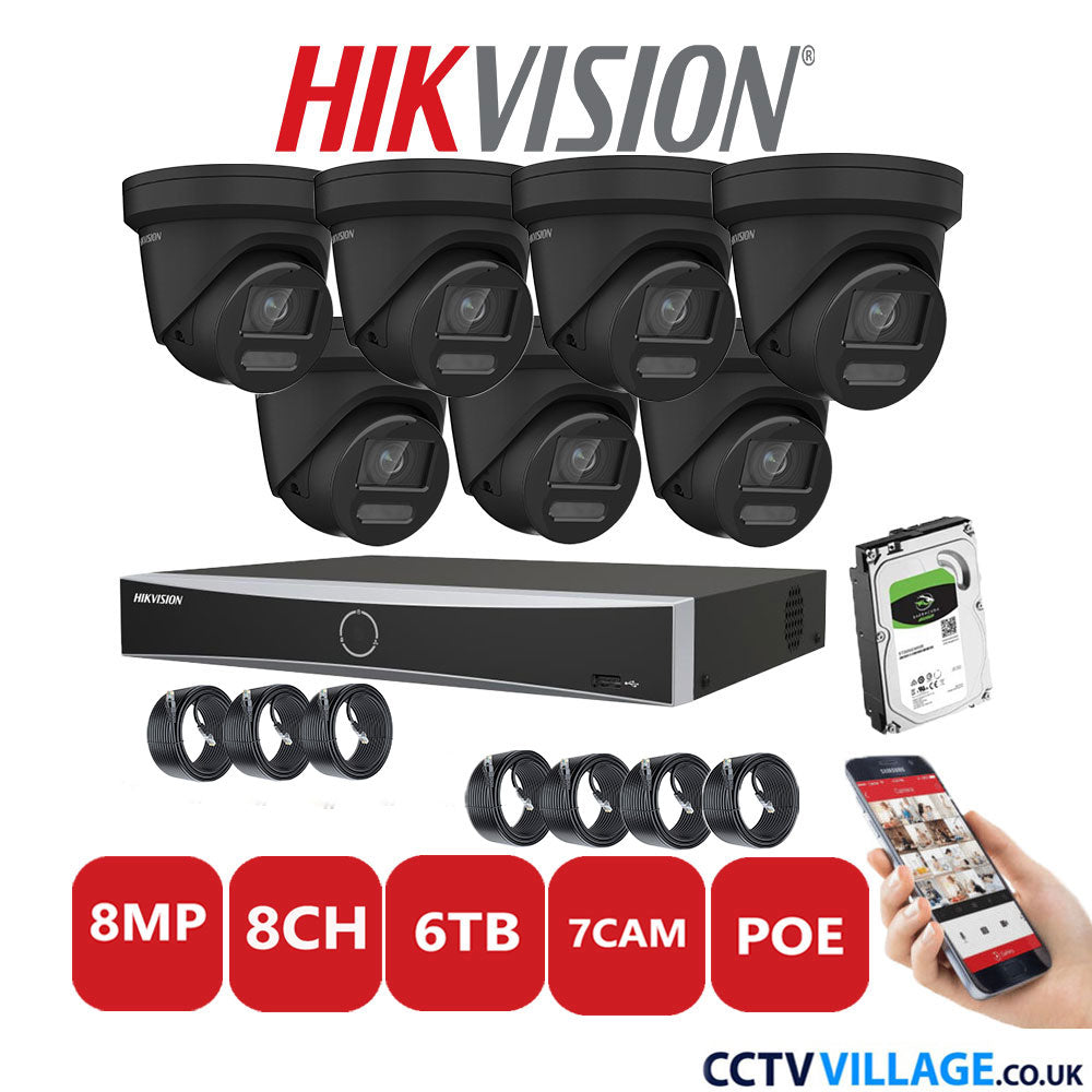 Hikvision 8MP IP CCTV System 8 Channel NVR-DS7608NXI-K1/8P with 7x Turret Cameras DS-2CD2387G2-LU Black 6TB HDD Full Kit