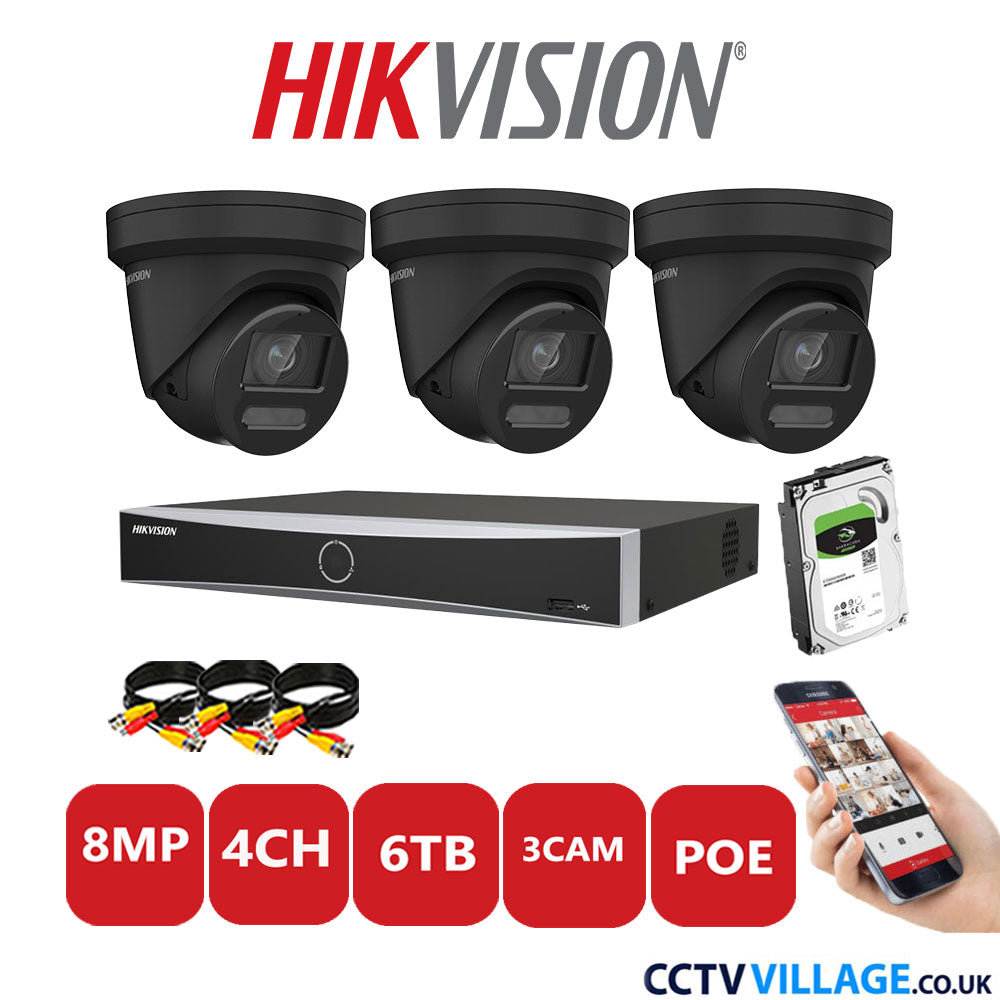 Hikvision 8MP IP CCTV Kit 4 Channel NVR-DS7604NXI-K1/4P with 3x Turret Cameras DS-2CD2387G2-LU Black 6TB HDD Full Kit