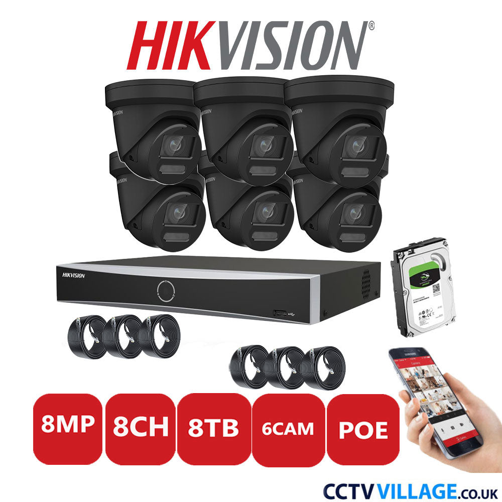 Hikvision 8MP IP CCTV System 8 Channel NVR-DS7608NXI-K1/8P with 6x Turret Cameras DS-2CD2387G2-LU Black 8TB HDD Full Kit