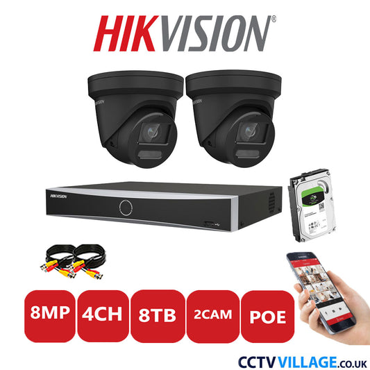 Hikvision 8MP IP CCTV Kit 4 Channel NVR-DS7604NXI-K1/4P with 2x Turret Cameras DS-2CD2387G2-LU Black 8TB HDD Full Kit