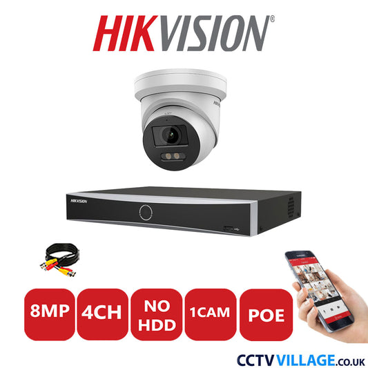 Hikvision 8MP IP CCTV Kit 4 Channel NVR-DS7604NXI-K1/4P with 1x Turret Camera DS-2CD2387G2-LU White No HDD Full Kit