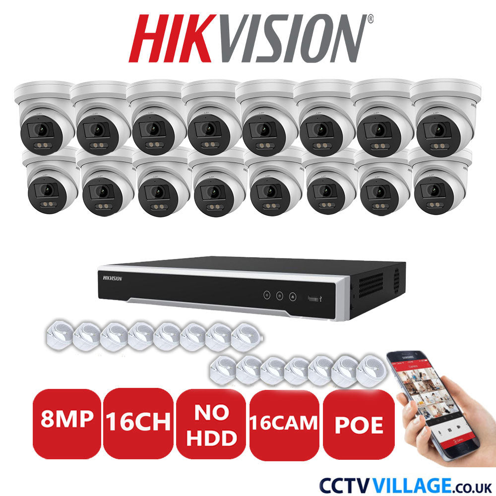 Hikvision 8MP IP CCTV System 16 Channel NVR-DS7616NI-I2/16P with 16x Turret Cameras DS-2CD2387G2-LU White No HDD Full Kit