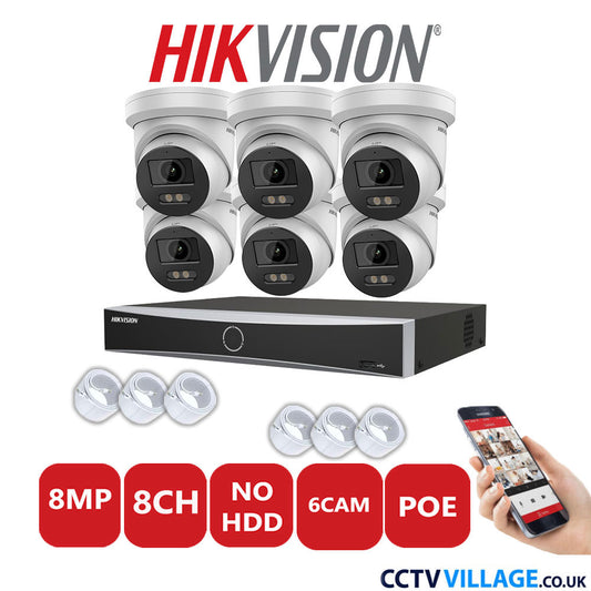 Hikvision 8MP IP CCTV System 8 Channel NVR-DS7608NXI-K1/8P with 6x Turret Cameras DS-2CD2387G2-LU White No HDD Full Kit