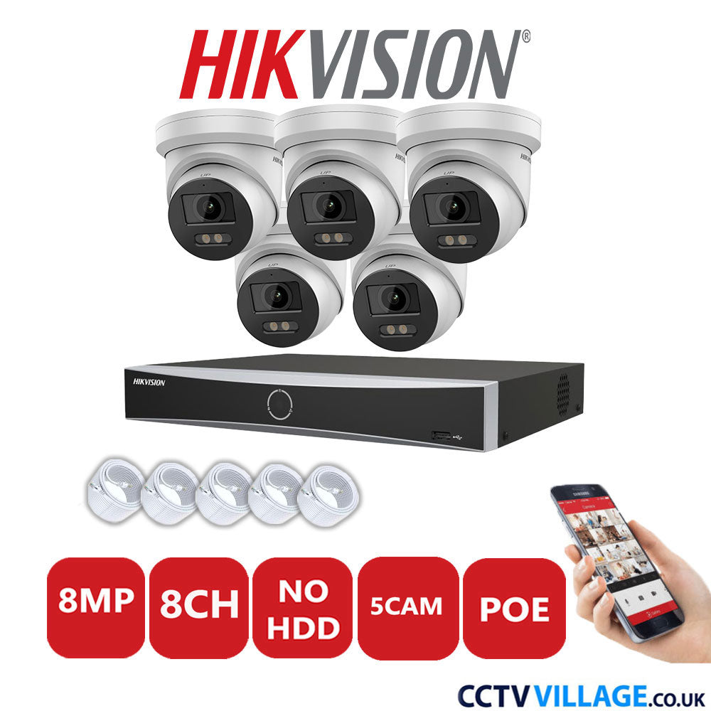 Hikvision 8MP IP CCTV System 8 Channel NVR-DS7608NXI-K1/8P with 5x Turret Cameras DS-2CD2387G2-LU White No HDD Full Kit