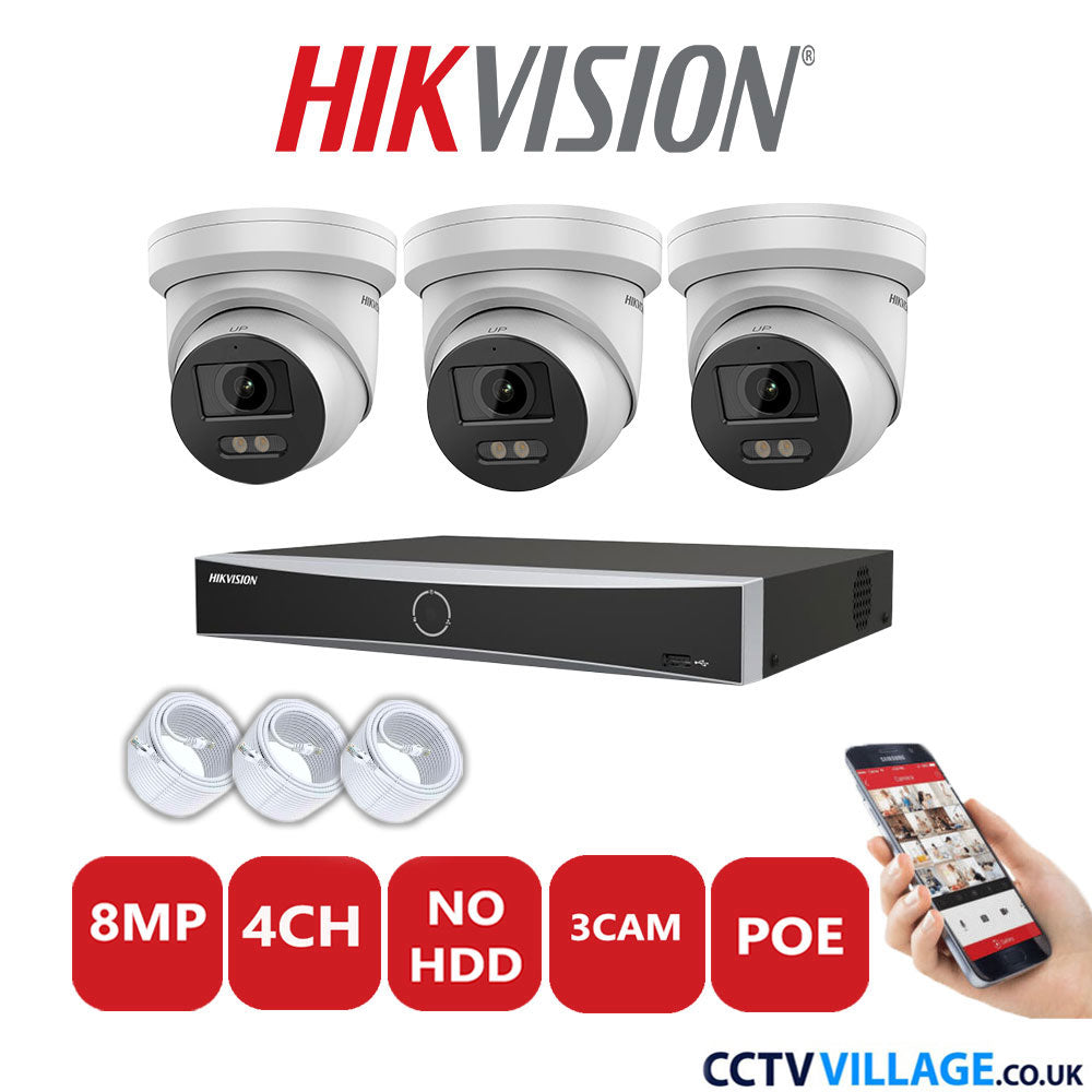 Hikvision 8MP IP CCTV System 4 Channel NVR-DS7604NXI-K1/4P with 3x Turret Cameras DS-2CD2387G2-LU White No HDD Full Kit