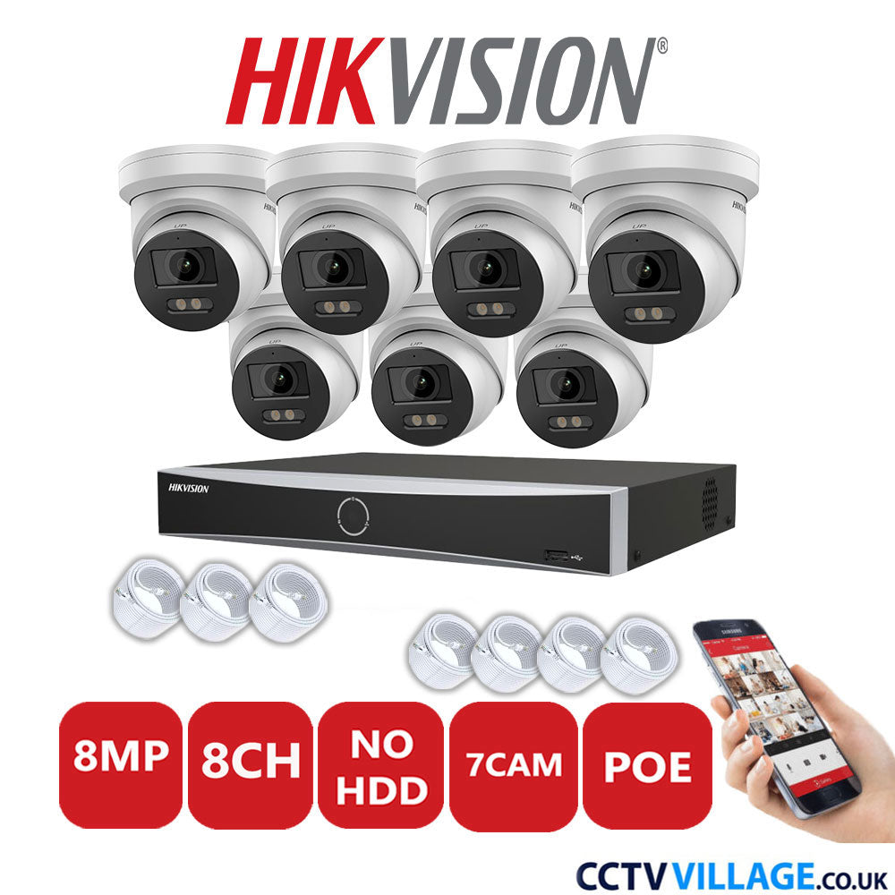 Hikvision 8MP IP CCTV System 8 Channel NVR-DS7608NXI-K1/8P with 7x Turret Cameras DS-2CD2387G2-LU White No HDD Full Kit