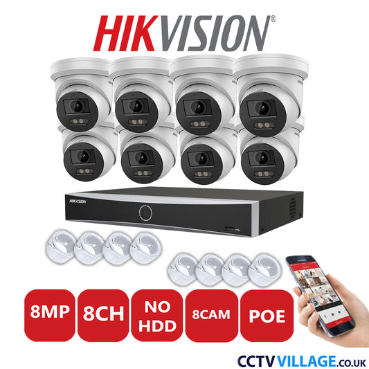 Hikvision 8MP IP CCTV System 8 Channel NVR-DS7608NXI-K1/8P with 8x Turret Cameras DS-2CD2387G2-LU White No HDD Full Kit