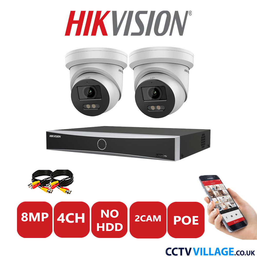 Hikvision 8MP IP CCTV Kit 4 Channel NVR-DS7604NXI-K1/4P with 2x Turret Cameras DS-2CD2387G2-LU White No HDD Full Kit