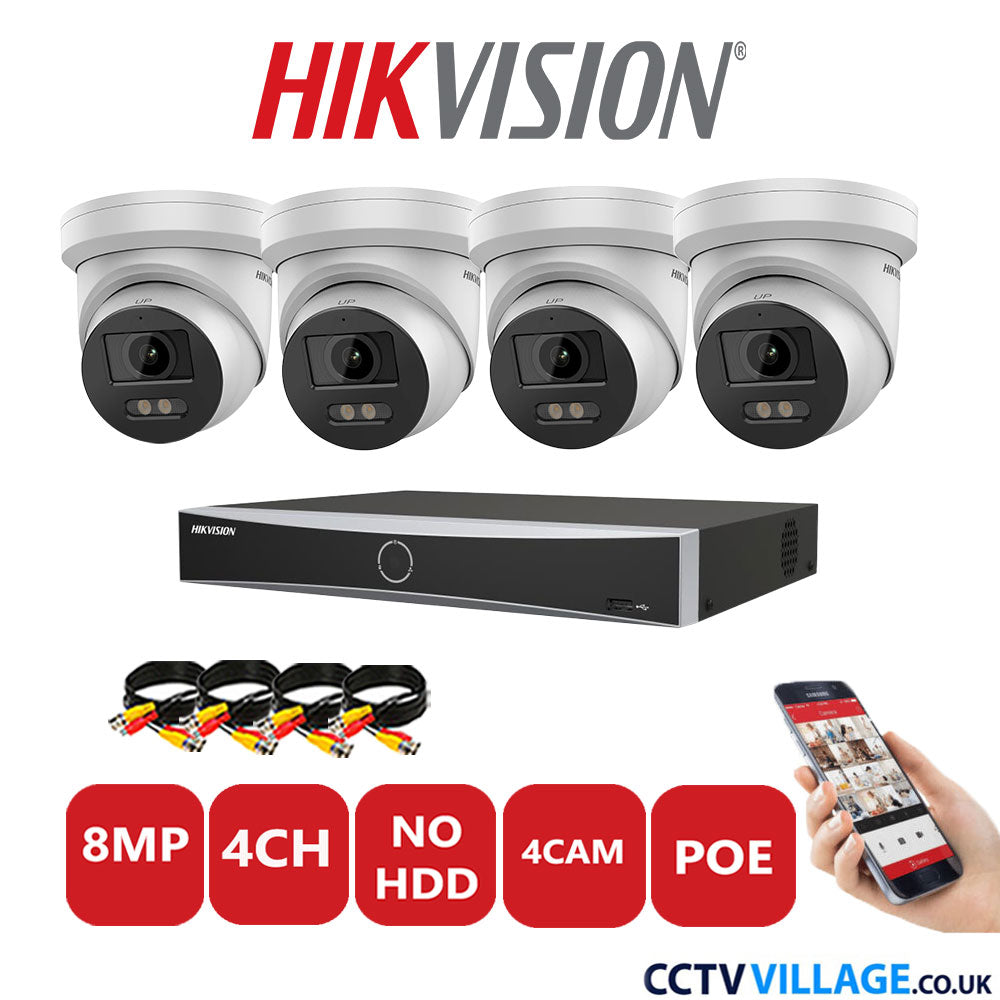 Hikvision 8MP IP CCTV Kit 4 Channel NVR-DS7604NXI-K1/4P with 4x Turret Cameras DS-2CD2387G2-LU White No HDD Full Kit