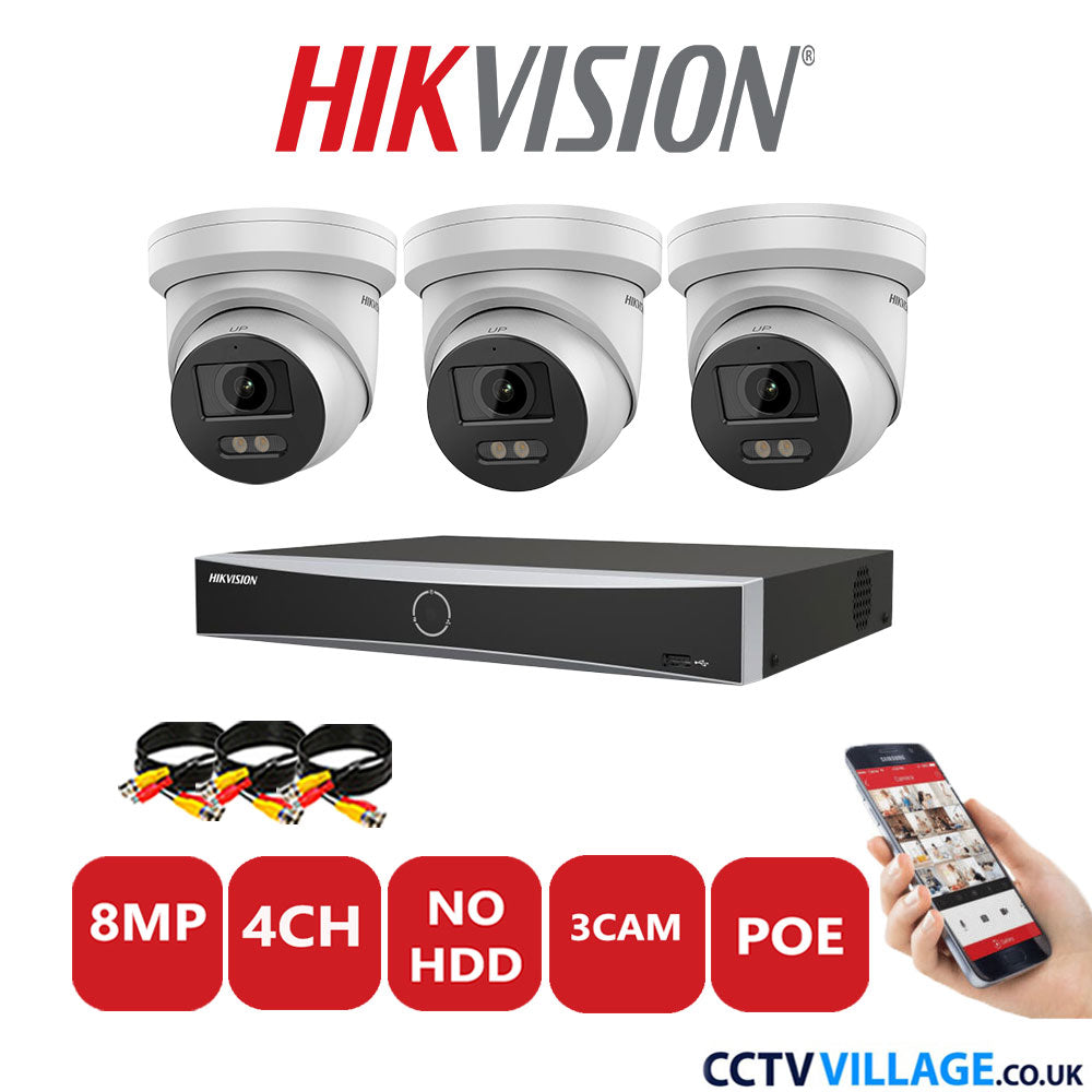 Hikvision 8MP IP CCTV Kit 4 Channel NVR-DS7604NXI-K1/4P with 3x Turret Cameras DS-2CD2387G2-LU White No HDD Full Kit