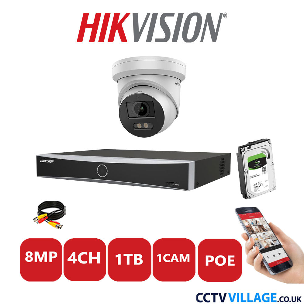 Hikvision 8MP IP CCTV Kit 4 Channel NVR-DS7604NXI-K1/4P with 1x Turret Camera DS-2CD2387G2-LU White 1TB HDD  Full Kit