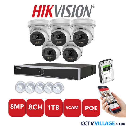 Hikvision 8MP IP CCTV System 8 Channel NVR-DS7608NXI-K1/8P with 5x Turret Cameras DS-2CD2387G2-LU White 1TB HDD Full Kit