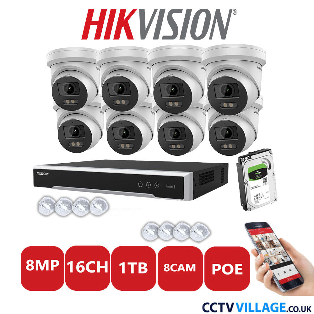 Hikvision 8MP IP CCTV System 16 Channel NVR-DS7616NI-I2/16P with 8x Turret Cameras DS-2CD2387G2-LU White 1TB HDD Full Kit