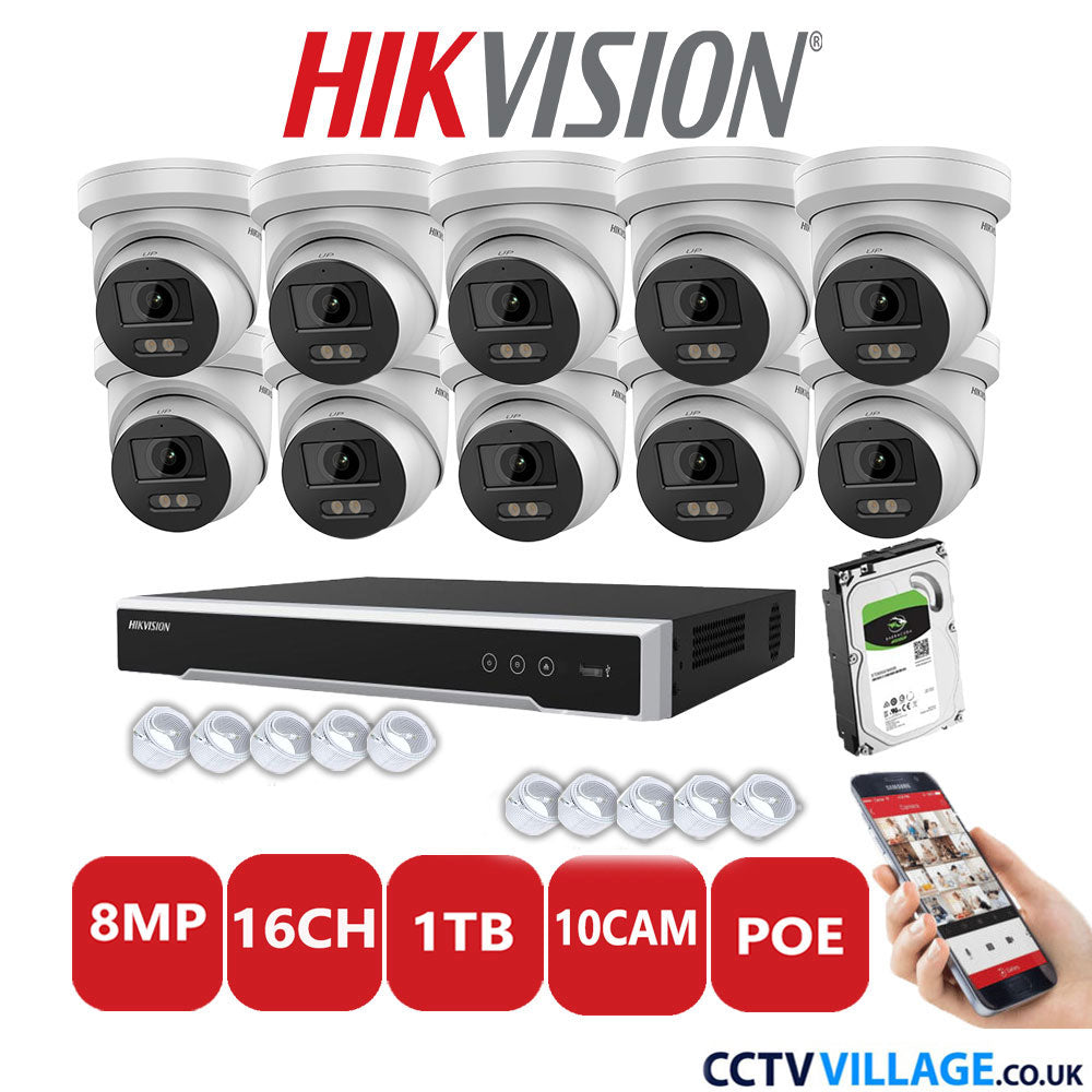 Hikvision 8MP IP CCTV System 16 Channel NVR-DS7616NI-I2/16P with 10x Turret Cameras DS-2CD2387G2-LU White 1TB HDD Full Kit