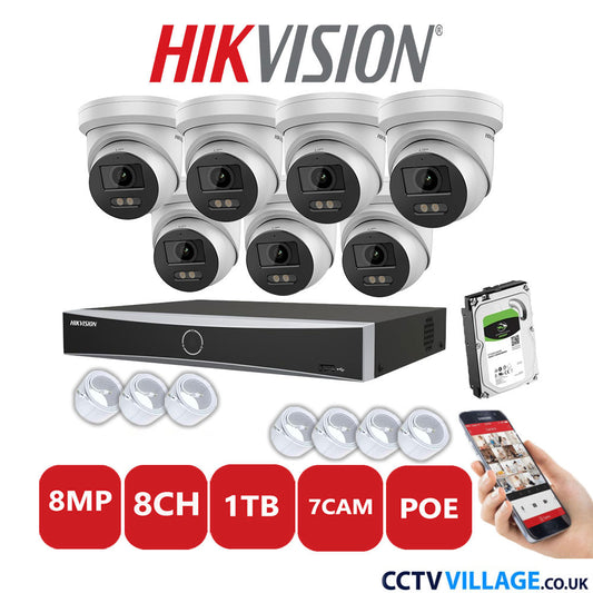 Hikvision 8MP IP CCTV System 8 Channel NVR-DS7608NXI-K1/8P with 7x Turret Cameras DS-2CD2387G2-LU White 1TB HDD Full Kit