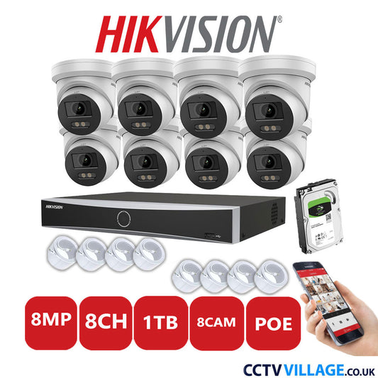 Hikvision 8MP IP CCTV System 8 Channel NVR-DS7608NXI-K1/8P with 8x Turret Cameras DS-2CD2387G2-LU White 1TB HDD Full Kit